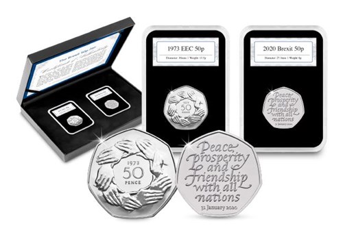 The Brexit 50p Pair Reverses in forefront with capsules and display box in the background