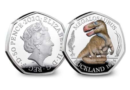 This coloured Silver Proof 50p has been struck by the Royal Mint. It features an anatomically accurate depiction of a Megalosaurus Dinosaur. This is the first coin in the Dinosauria 50p collection.
