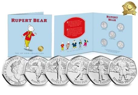 This coin issue commemorates the 100th anniversary of Rupert the Bear, who made his first appearance in 1920. This set contains 5 50p coins with Rupert, Bill, Edward, Algy and Podgy.