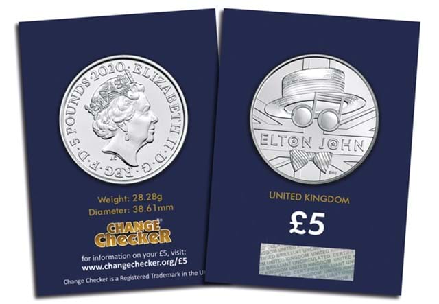 Elton John 5 Pound Coin both sides in Change Checker packaging