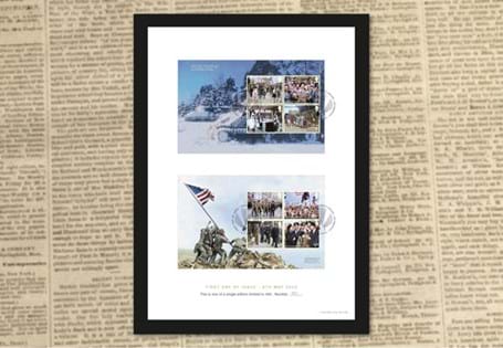 The VE Day Stamps Framed Edition features the new official Royal Mail End of World War II stamp panes, featuring 8 stamps. The stamps are presented in an A4 frame, and have been postmarked.