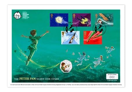 The Peter Pan Silver Coin Cover features the Isle of Man 2020 Peter Pan Silver Proof 50p, alongside Royal Mail stamps: Captain Hook, Crocodile and The Darlings' First Flight, with special postmark.