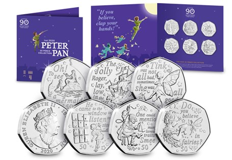 The 2020 Peter Pan 50p Set includes 6 coins, each coin features a character from Peter Pan along with a quote from the Peter Pan novel. Comes in themed presentation pack. Designed by David Wyatt.