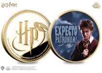 This official Harry Potter medal features UV technology that reveals Harry's Patronus on the reverse. Obverse features official Harry Potter logo. 24 Carat Gold -plated, struck to a proof-like finish.