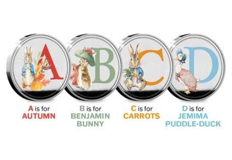 The Official Beatrix Potter Commemoratives feature iconic Beatrix Potter characters alongside A, B, C and D. Struck to Proof-like finish. Obverse features the Official Beatrix Potter Logo.