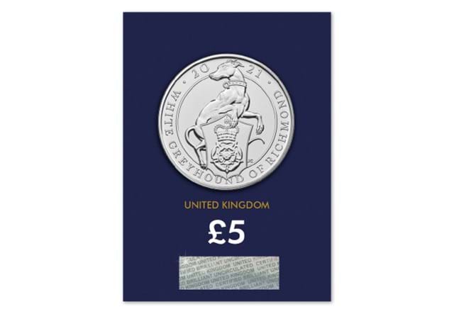 White Greyhound of Richmond CERTIFIED BU £5 coin reverse in packaging