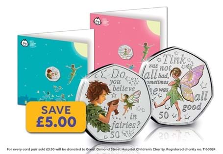 The new Peter Pan and Tinkerbell notecards display the 2020 Peter Pan and Tinkerbell 50p coins in individual notecards. The coins feature a full colour illustration in BU condition.