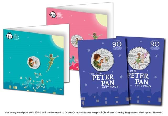 2020 Peter Pan & Tinker Bell 50p Notecard Pair in the background with reverses in display cards in the forefront