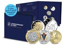 This VE-Day Allied Nations Coin Pack includes 5 2020 VE-Day anniversary themed coins from allied nations - UK, Netherlands, Belgium, Canada, and France.