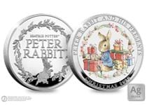 Your Peter Rabbit Christmas Commemorative is struck from .925 silver and features a full colour image. Obverse features the Official Peter Rabbit Logo. Comes in a Deluxe Presentation case . EL: 995