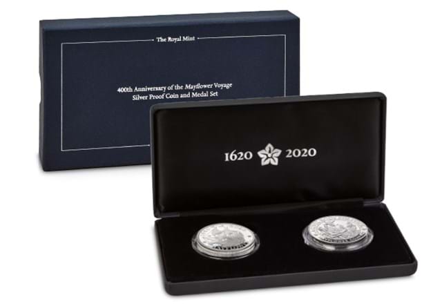 The 2020 UK and US 400th Anniversary of the Mayflower Silver Proof Coin and Medal Set in display box and packaging behind