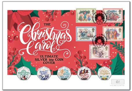 Your Christmas Carol Ultimate Silver 50p Coin Cover presents all five Guernsey 2020 Christmas Carol Silver Proof 50p coins in full colour, alongside Royal Mail's 1982 Christmas Carol 5v stamps.