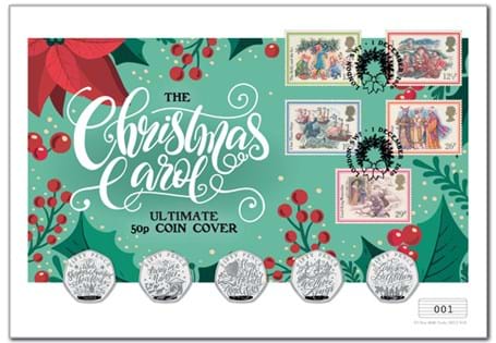 Your Christmas Carol Ultimate 50p Coin Cover presents all five Guernsey 2020 Christmas Carol 50p coins alongside Royal Mail's 1982 Christmas Carol 5v stamps.