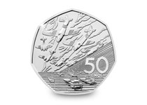 Issued in 1994 to commemorate 50 years since the D-Day landings during WWII. Reverse design features an armada of ships and planes. This is an older 50p piece which cannot be found in circulation.