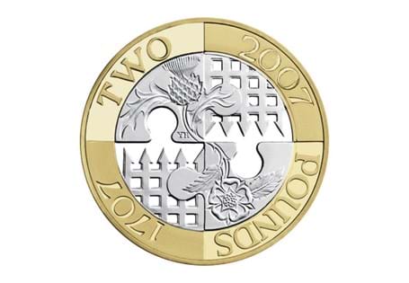 Issued in 2007 to commemorate the Tercentenary of the Act of Union between England and Scotland. The reverse design features two jigsaw pieces representing the 2 countries.