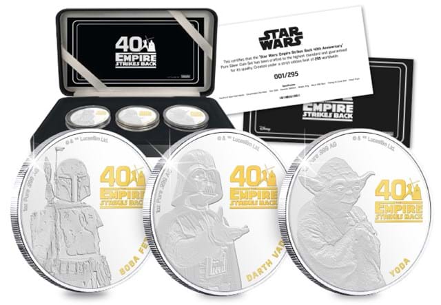 STAR WARS The Empire Strikes Back 40th Anniversary Silver Proof Set reverses in forefront with display box and packaging at the back