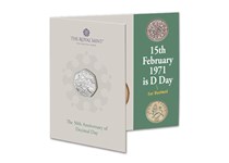 This 50p has been issued by The Royal Mint to mark the 50th anniversary of Decimal Day. It is struck to a Brilliant Uncirculated finish and comes presented in a bespoke Royal Mint presentation pack.