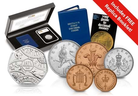 This set marks the 50th Anniversary of Decimalisation by bringing together the Brand New UK 2021 Decimalisation BU 50p alongside the original Britain’s First Decimal Coins pack issued in 1971. 