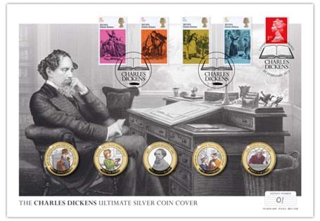 The Charles Dickens Ultimate Coin Cover features all five of the Jersey 2020 Charles Dickens Silver £2 coins with selective 24ct Gold- plate, with the Literary Anniversary Dickens stamps.