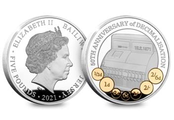 2021 Jersey Silver with Gold-plate 5 Decimalisation 50th Obverse and Reverse