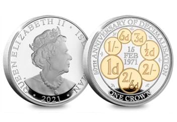 Isle of Man Silver with Selective Gold Crown 50 Years Decimalisation Obverse and Reverse