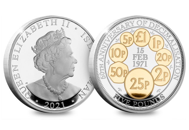 Isle of Man Silver with Spot Gold-plate £5 50 Years Decimalisation Obverse and Reverse