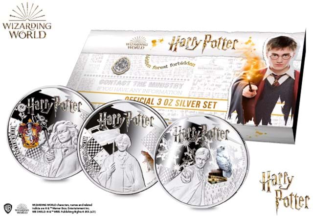 2021 Harry Potter Silver Proof 1oz Three Coin Set reverses with pack