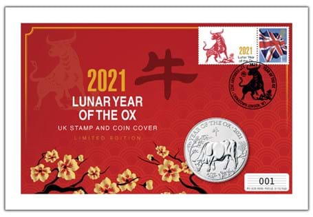 This coin cover has been issued to mark the Chinese New Year. Features a UK 1st Class Stamp and a Lunar Year of the Ox Smiler and the UK 2021 BU Year of the Ox £5. Postmarked12/02/21. EL 888.