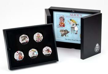 Alice's Adventures in Wonderland Silver 50p Set in display box beside certficate