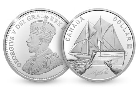 This 2021 Canada Silver Proof dollar has been issued by the Royal Canadian Mint in order to commemorate the 100th Anniversary of the launch of Bluenose. The design includes image of Bluenose.