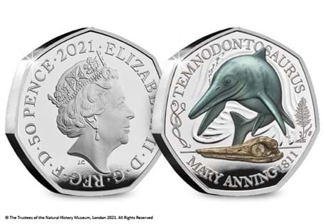 This is the official Temnodontosaurus 50p issued by The Royal Mint. It is the 1st coin in the Mary Anning dinosaur collection. It is struck from .925 Silver to a Proof finish. EL 7,000