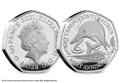 This is the official Temnodontosaurus 50p issued by The Royal Mint. It is the 1st coin in the Mary Anning dinosaur collection. It is struck from .925 Silver to a Proof finish. EL 3,000
