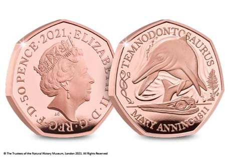 This is the official Temnodontosaurus 50p issued by The Royal Mint. It is the 1st coin in the Mary Anning dinosaur collection. It is struck from 22 carat gold to a proof finish. EL 250