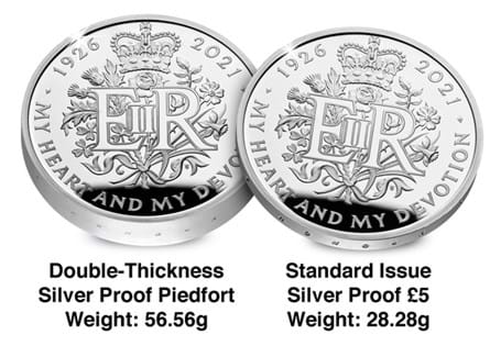 The official UK 2021 £5 coin issued by The Royal Mint to mark the 95th birthday of Queen Elizabeth II. It is struck from .925 silver to a proof finish and 'double thickness' Piedfort specification