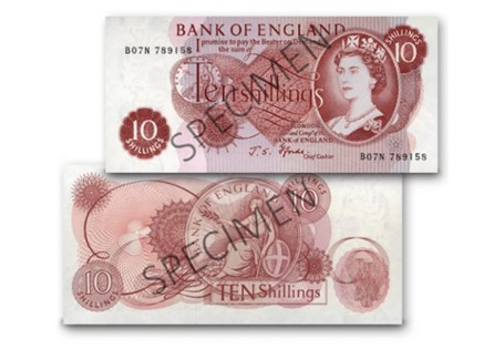 This Uncirculated Ten Shilling Note features the Fforde signature and the statement; "I promise to pay the Bearer on Demand the sum of Ten Shillings." 