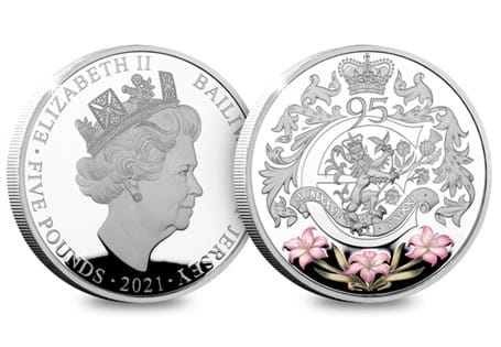 Your Queen Elizabeth 95th Birthday £5 is struck from .925 Silver to a Proof finish, and features a design on the reverse inspired by the Royal Cypher, as well as a selectively coloured Jersey Lily. 