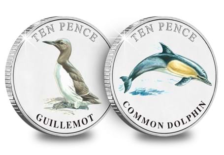 This stunning 2020 Guernsey Coastal Wildlife 10p Pair features illustrations of the Common Dolphin and Guillemot. The coins are limited to just 19,995 and struck to BU quality.