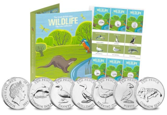 The Coastal Wildlife Uncirculated 10p Set Obverse and Reverses in the forefront with Collecting Album in the background