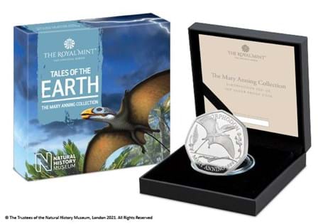 This is the official Dimorphodon 50p issued by The Royal Mint. It is the 3rd coin in the Mary Anning dinosaur collection. It is struck from .925 Silver to a Proof finish. EL 3,000