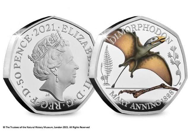 UK 2021 Complete Coloured Silver Mary Anning 50p Collection Dimorphodon Obverse and Reverse