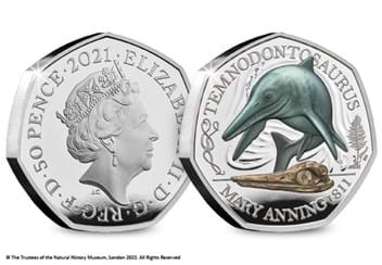 UK 2021 Complete Coloured Silver Mary Anning 50p Collection Temnodontosaurus Obverse and Reverse