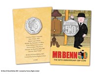 2021 marks the 50th Anniversary of the Mr Benn TV series. A 50p coin has been authorised for release by Guernsey featuring Mr Benn alongside a '50' for the anniversary. Presented in blister card.