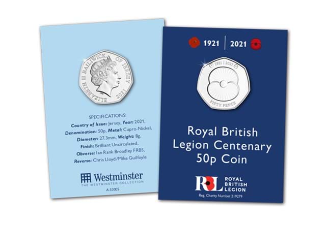 The RBL Centenary Brilliant Uncirculated 50p Obverse and Reverse in packaging