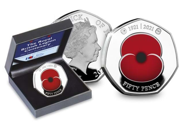 2021 RBL Centenary Silver 50p in display box beside both sides of coin