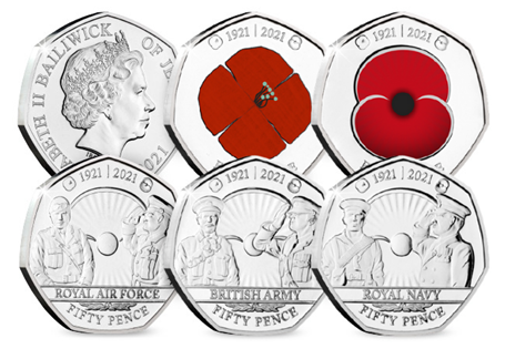 Your RBL Centenary BU 50p set features 5 Jersey 50p coins — 2 of which present the modern day Poppy and the 1921 Poppy in full colour. The other 3 coins feature intricate designs.
