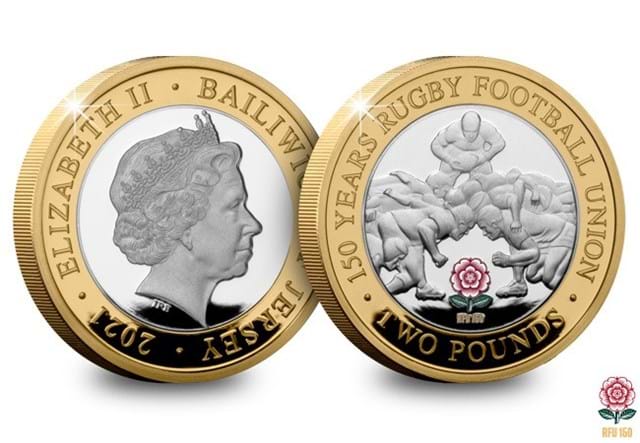 RFU 150th Anniversary Silver Proof Scrum £2 Coin Obverse and Reverse