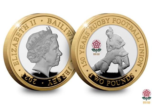 RFU 150th Anniversary Silver Proof Tackle £2 Coin Obverse and Reverse