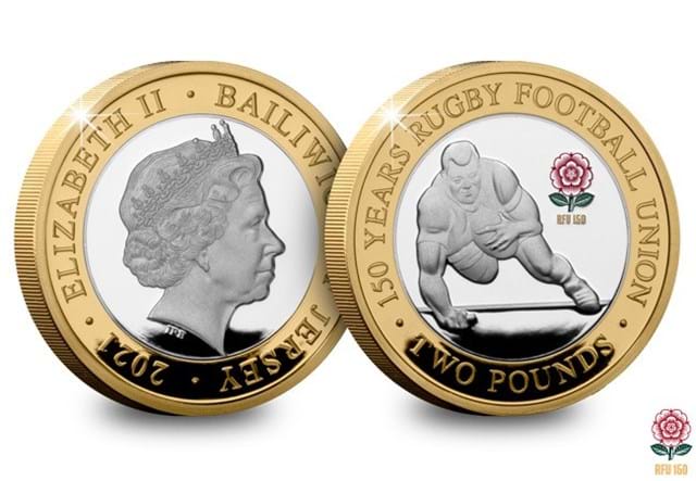 RFU 150th Anniversary Silver Proof Try £2 Coin Obverse and Reverse