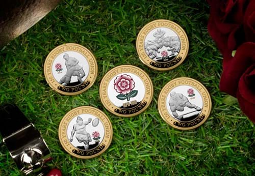 RFU 150th Anniversary Silver Proof £2 Set on Grass Background