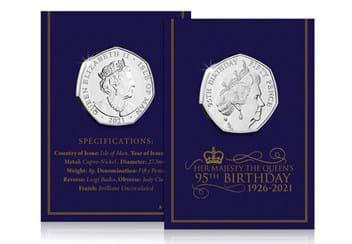 QEII 95th Birthday BU 50p Single 2000 Obverse and Reverse in packaging